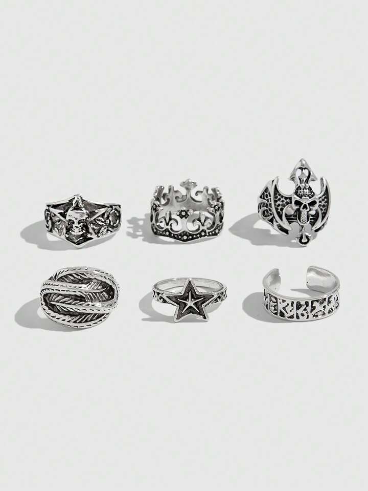 Goth 6pcs Adjustable Punk Star Rings, Couple Rings, Holiday Gift
