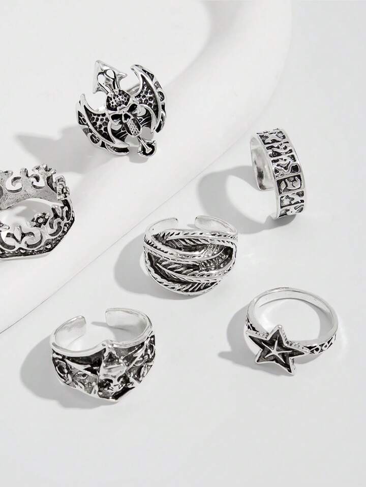 Goth 6pcs Adjustable Punk Star Rings, Couple Rings, Holiday Gift