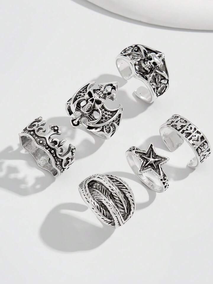 Goth 6pcs Adjustable Punk Star Rings, Couple Rings, Holiday Gift