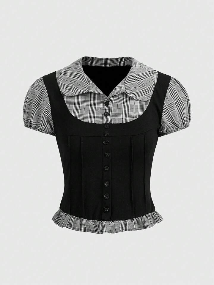 Academia Academic Style 2 In 1 Black And Grey Plaid Splice Short Sleeve Top For Spring And Summer, School