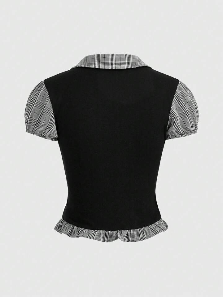 Academia Academic Style 2 In 1 Black And Grey Plaid Splice Short Sleeve Top For Spring And Summer, School