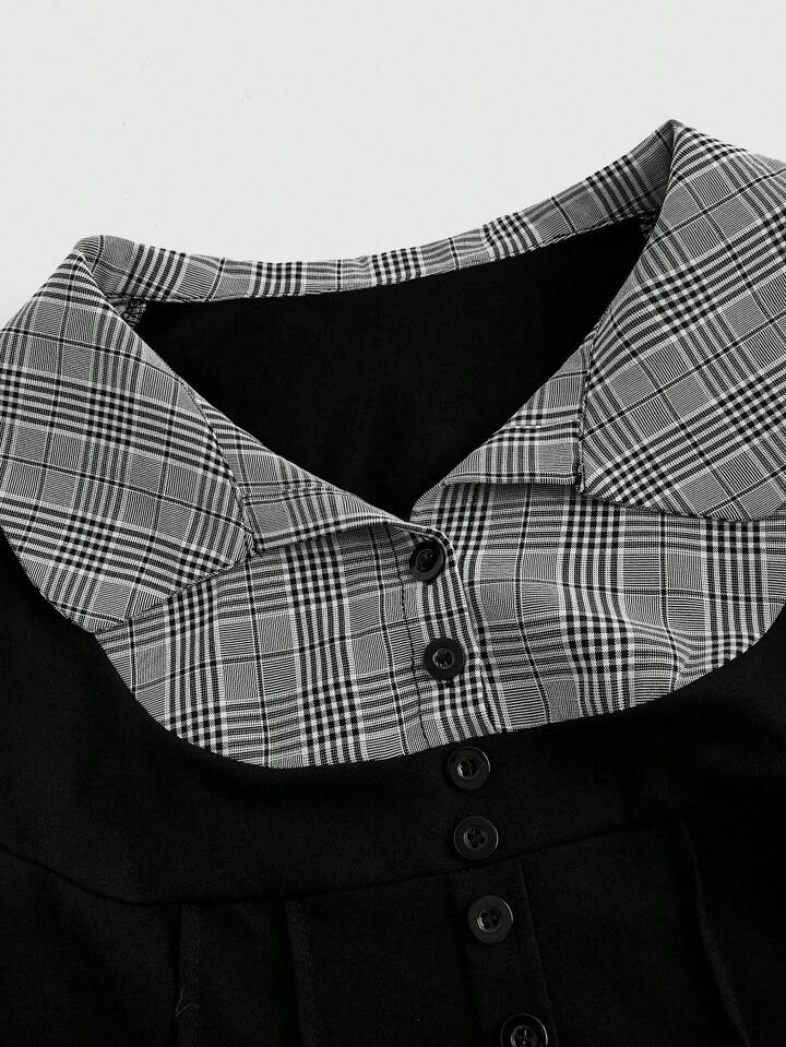 Academia Academic Style 2 In 1 Black And Grey Plaid Splice Short Sleeve Top For Spring And Summer, School