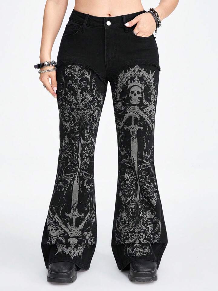Grunge Punk Plus Size Rock Punk Gothic Skull & Vine Print Distressed Flare Leg Jeans