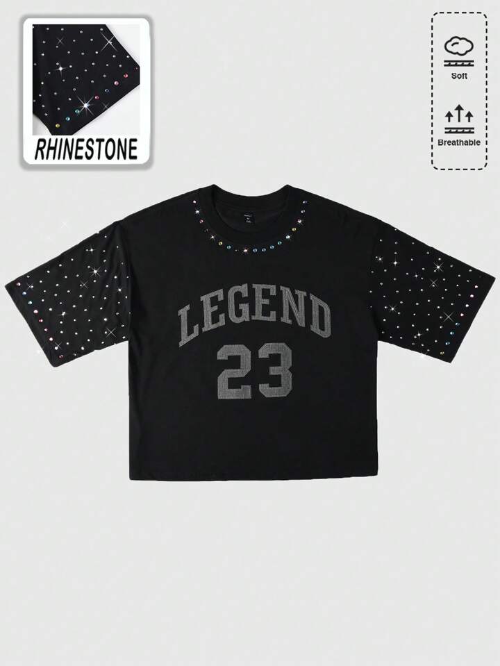 Men's Street Life Loose Fit Short Sleeve T-Shirt With Glitter Rhinestones Embroidery Design