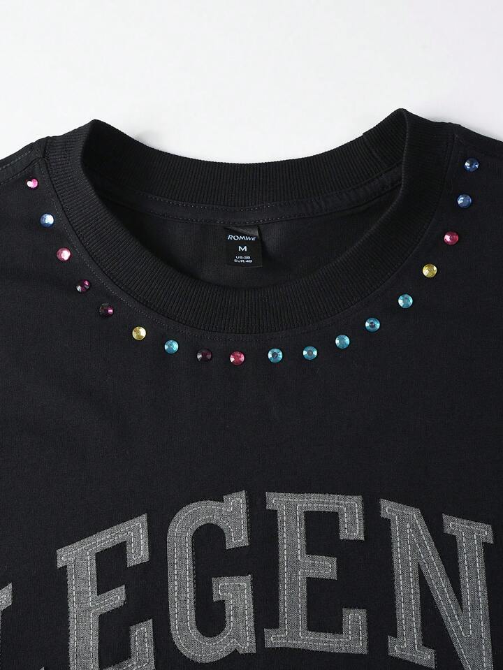 Men's Street Life Loose Fit Short Sleeve T-Shirt With Glitter Rhinestones Embroidery Design