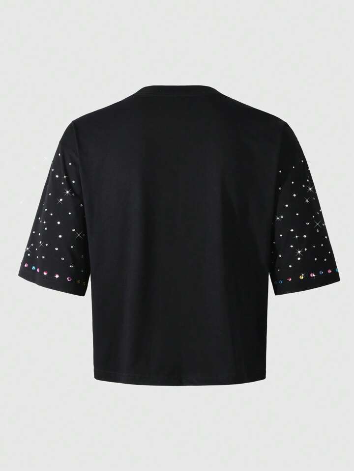 Men's Street Life Loose Fit Short Sleeve T-Shirt With Glitter Rhinestones Embroidery Design