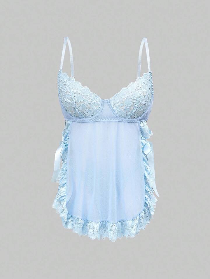 Kawaii Lace Romantic Floral Trim Mesh Underwire Sexy Dress & G-String Lingerie Set