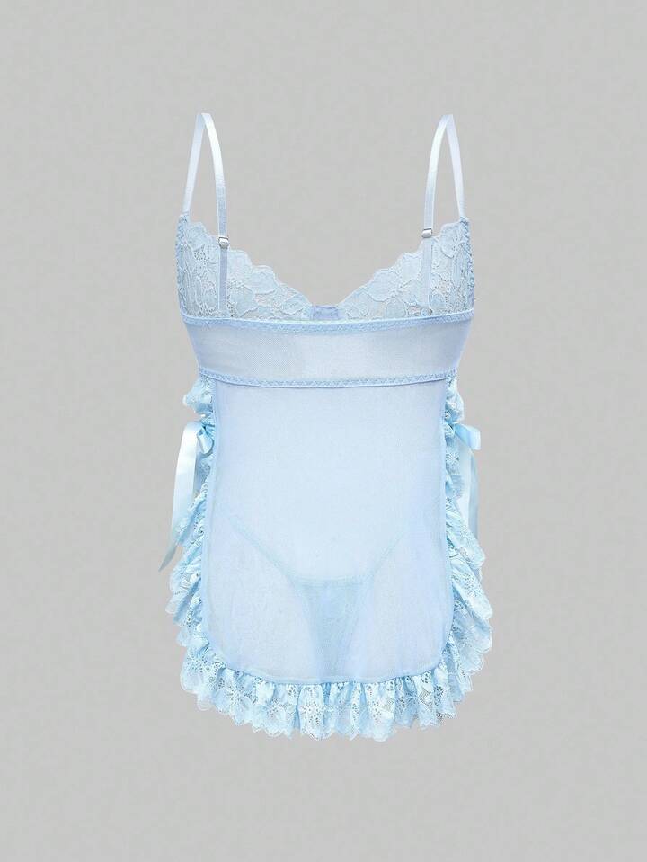 Kawaii Lace Romantic Floral Trim Mesh Underwire Sexy Dress & G-String Lingerie Set 2 Kawaii Lace Romantic Floral Trim Mesh Underwire Sexy Dress & G-String Lingerie Set