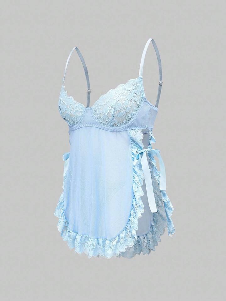Kawaii Lace Romantic Floral Trim Mesh Underwire Sexy Dress & G-String Lingerie Set 5 Kawaii Lace Romantic Floral Trim Mesh Underwire Sexy Dress & G-String Lingerie Set
