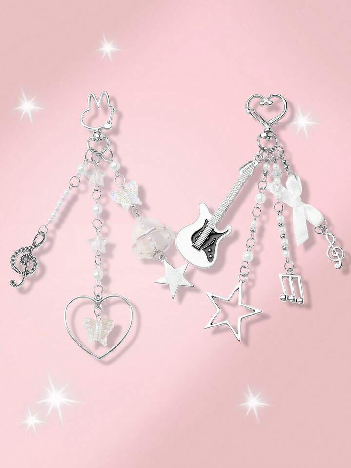 Kawaii 2pcs Fashionable & Versatile Silver Chain Faux Pearl Resin Star, Heart, Butterfly, Acrylic Wind Chime, Music Note, Bow Tie, Black & White Electric Guitar Pendant DIY Keychain, Bag Charm, Suitable For Sisters, Best Friends, Couples, Daily Wear, Holiday Gifts