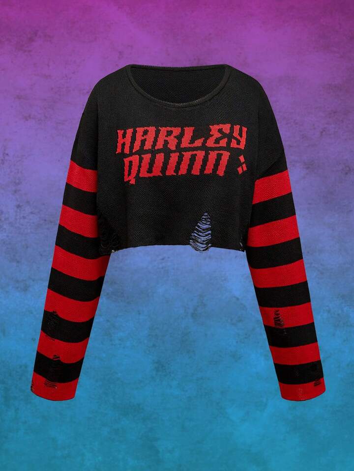 Harley Quinn | ROMWE Letter Pattern Striped Distressed Pullover Sweater For Women