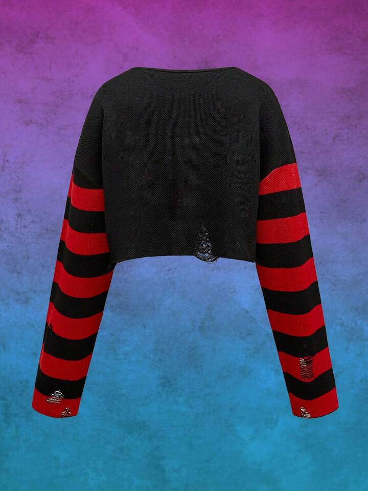 Harley Quinn | ROMWE Letter Pattern Striped Distressed Pullover Sweater For Women