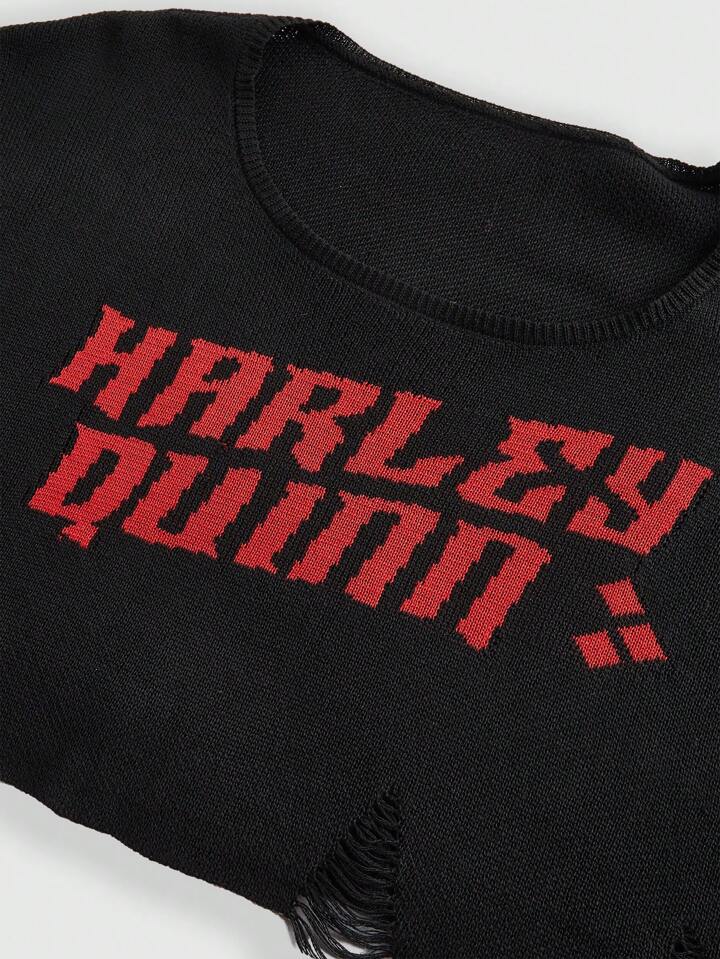 Harley Quinn | ROMWE Letter Pattern Striped Distressed Pullover Sweater For Women