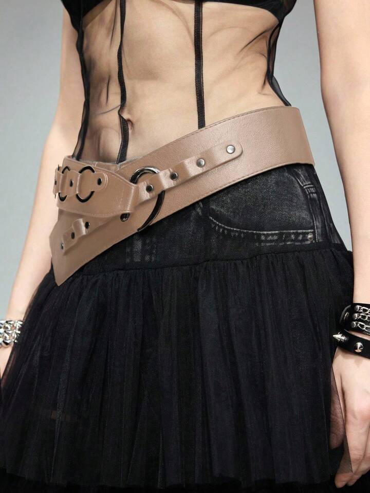 Grunge Punk 1pc Punk Style Metal Ring Asymmetrical Beige Wide Waist Belt, Y2K Retro Fashion Rivet Metal Buckle Leather Belt, Personalized Decorative Accessory Waist Belt