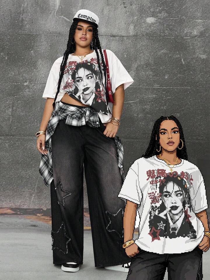 Street Life Plus Size Plus Size Boyfriend Style Graphic Print T-Shirt, Streetwear Casual