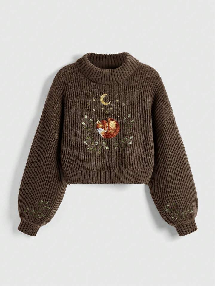 Fairycore Plus Size Women Fox & Floral Embroidery High Neck Dropped Shoulder Long Sleeve Casual Sweater