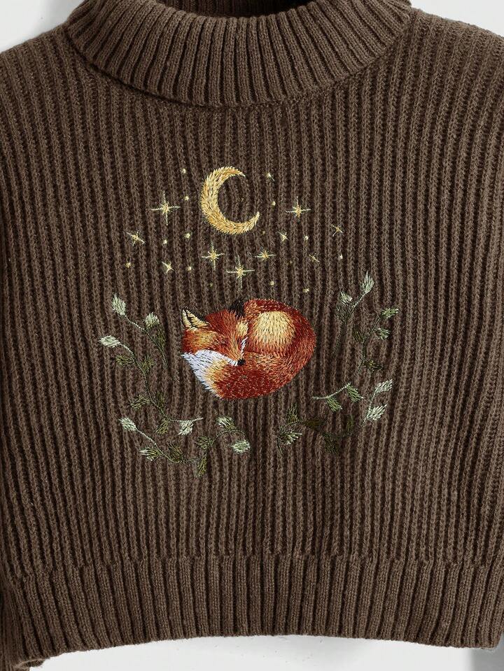 Fairycore Plus Size Women Fox & Floral Embroidery High Neck Dropped Shoulder Long Sleeve Casual Sweater