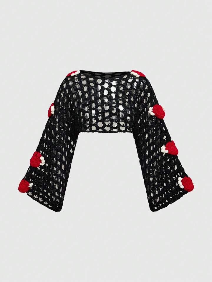 Kawaii Plus Size Women's Cute & Sexy Heart Wing Hollow See-Through Off Shoulder Sweater, Suitable For Valentine's Day
