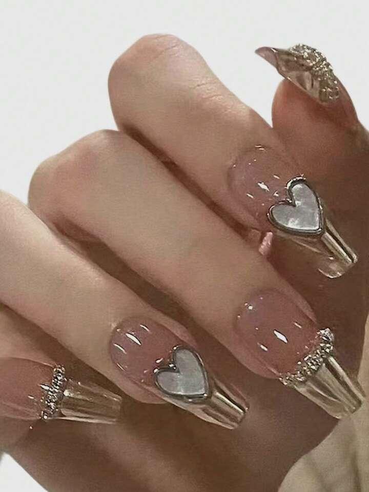 Kawaii 24pcs Coffin 3D Heart Decor Fake Nail & 1sheet Nail Tape