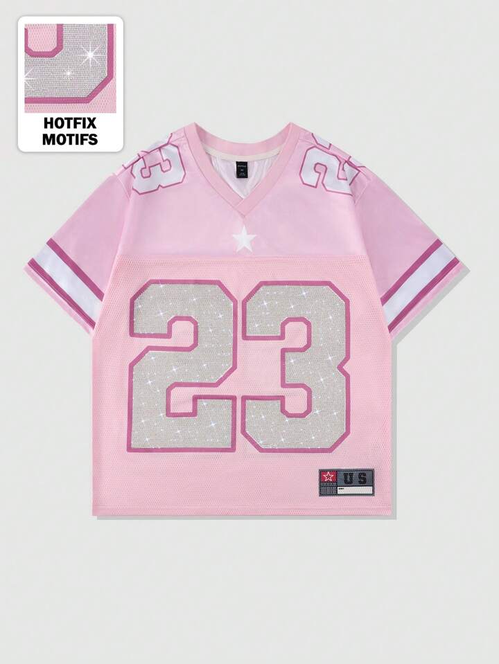 Prep Men Jersey Number Letter Satin Graphic V-Neck Tee, 2000s Style