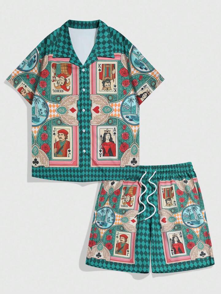 2pcs Men's Casual Short Sleeve Shirt And Loose Drawstring Shorts Set
