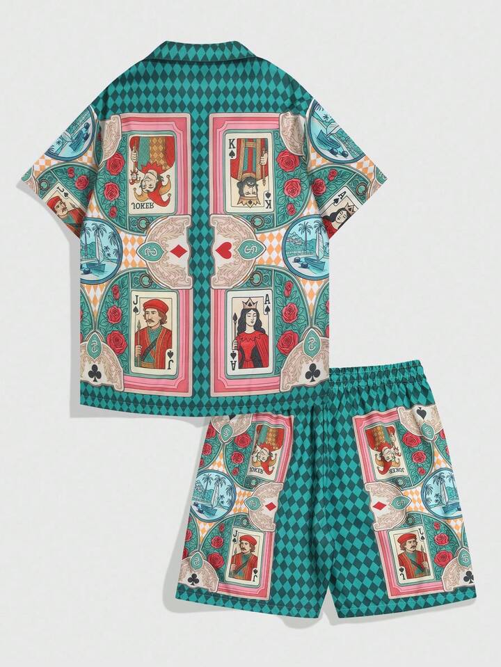 2pcs Men's Casual Short Sleeve Shirt And Loose Drawstring Shorts Set