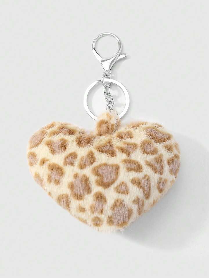 Kawaii 2pcs/Set Chic Leopard & Heart Shape Faux Fur Keychain, Fashionable Accessories Suitable For Couples, Sisters Daily Wear, Holiday Gift