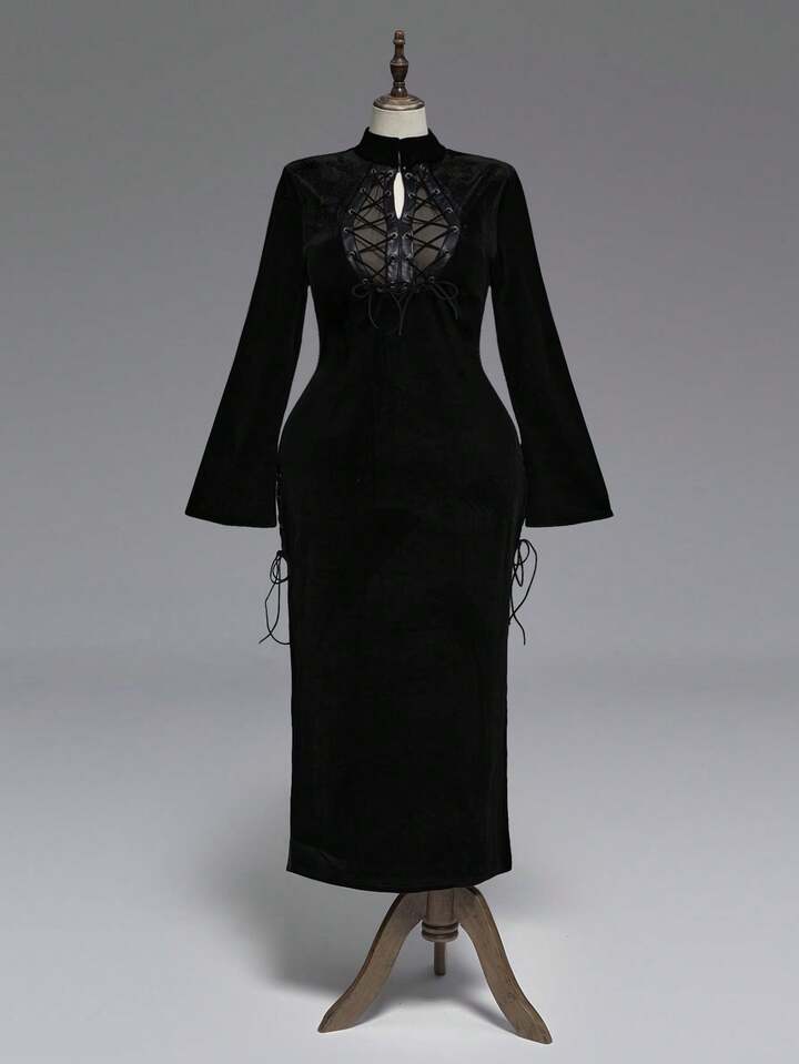 Plus Size Gothic Chest Hollow Lace-Up Flare Sleeve Long Black Dress, Plus Size Women Bodycon Flare Sleeve Dress, Plus Size Black Velvet Long Dress For Autumn/Winter