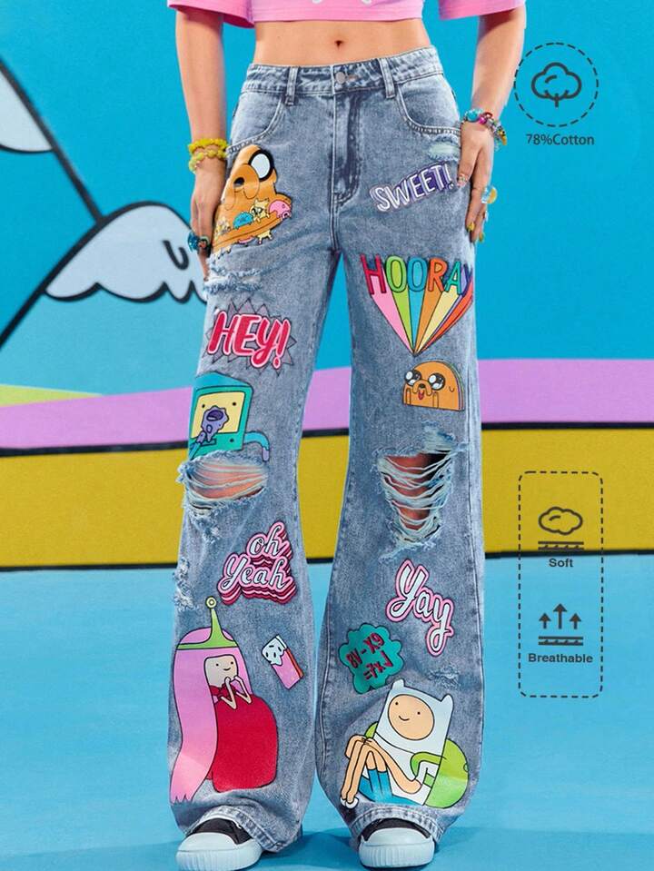 Adventure Time X ROMWE Cartoon Graphic Ripped Loose Fit Flare Leg Jeans
