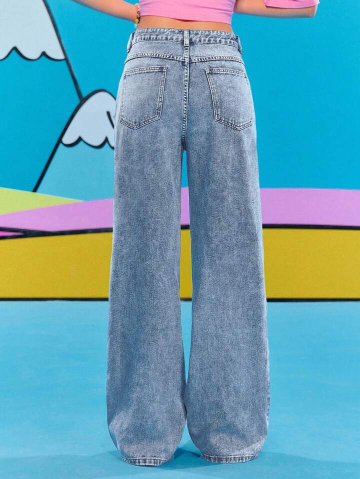 Adventure Time X ROMWE Cartoon Graphic Ripped Loose Fit Flare Leg Jeans