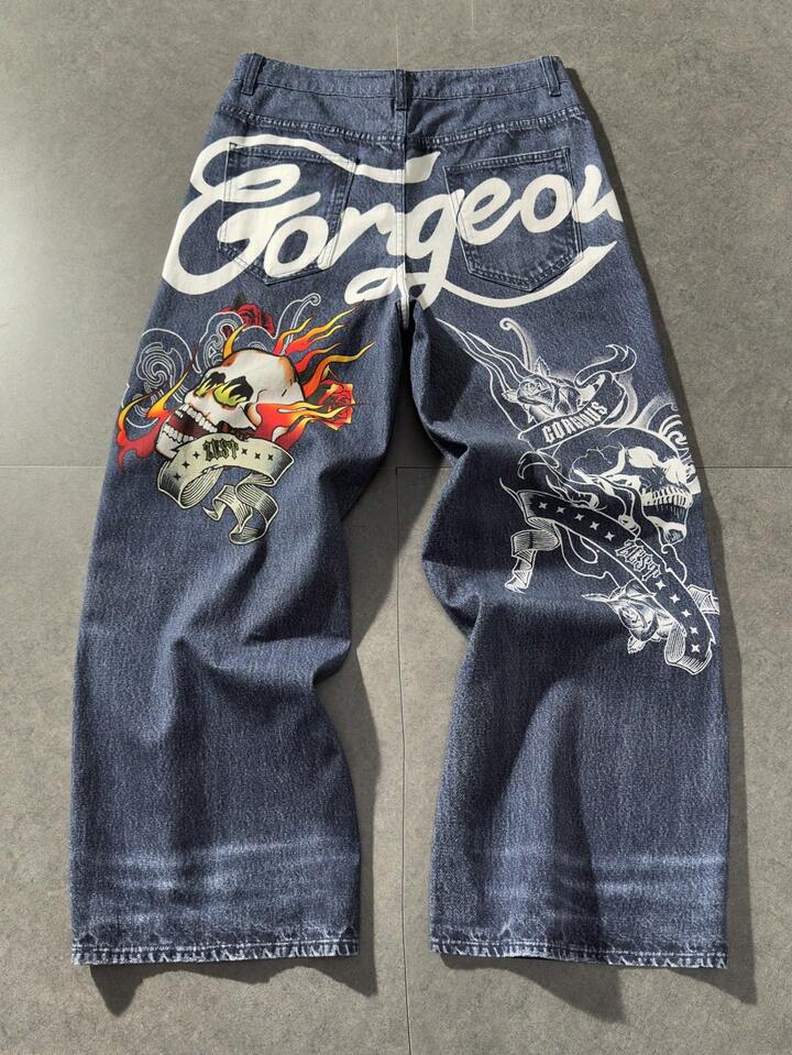 Anime Men's Letter & Skull Graphic Wide Leg Casual Jeans