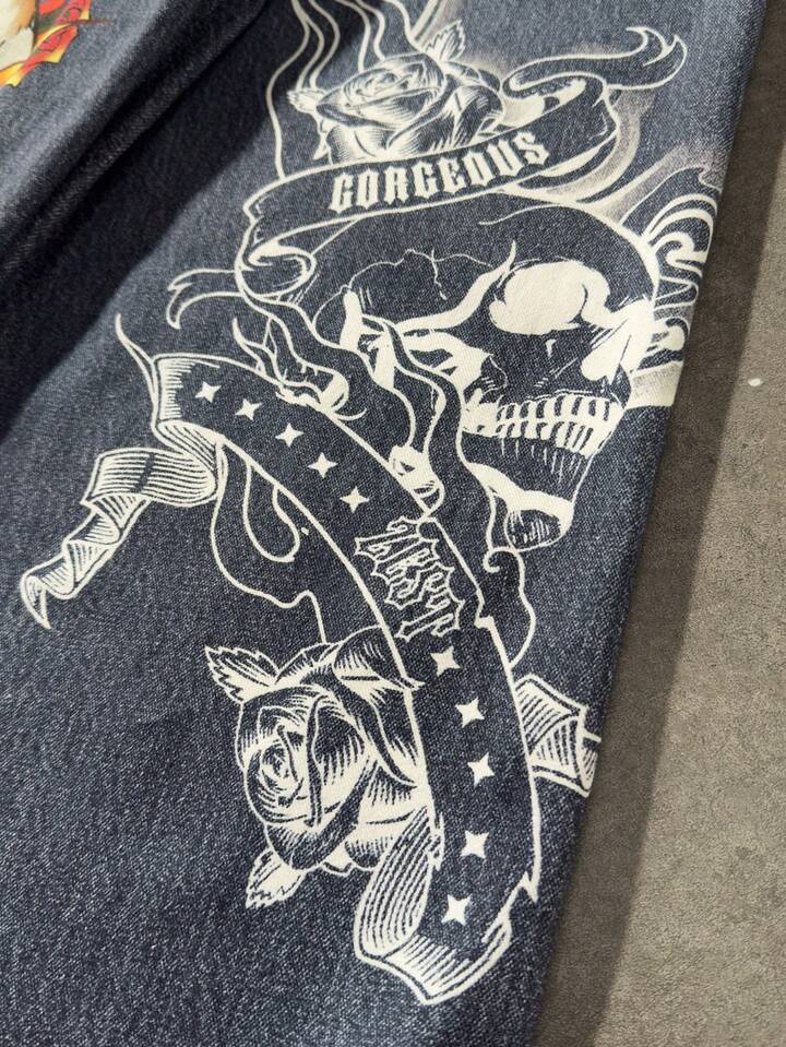 Anime Men's Letter & Skull Graphic Wide Leg Casual Jeans