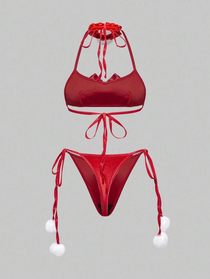 ROMWE Avant 3pcs Women's Christmas Bra, Thong Panty, Neck Collar With Bow & Pom Pom Lingerie Set 2 ROMWE Avant 3pcs Women's Christmas Bra, Thong Panty, Neck Collar With Bow & Pom Pom Lingerie Set