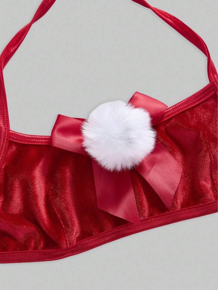 ROMWE Avant 3pcs Women's Christmas Bra, Thong Panty, Neck Collar With Bow & Pom Pom Lingerie Set 3 ROMWE Avant 3pcs Women's Christmas Bra, Thong Panty, Neck Collar With Bow & Pom Pom Lingerie Set