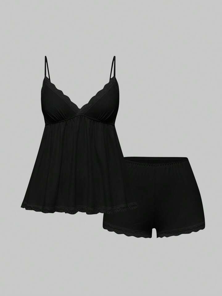 Ribbed Lace Camisole & Shorts Casual Pajama Set