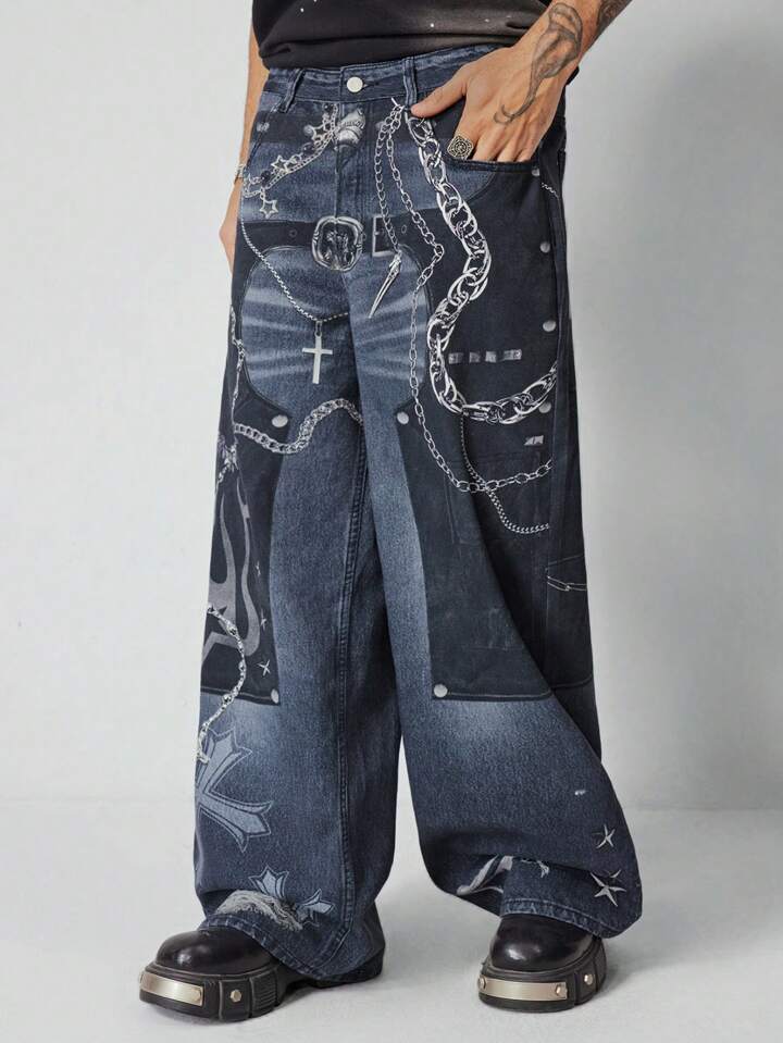 Street Life Men's Street Chain Print Insert Pocket Wide Leg Loose Casual Jeans