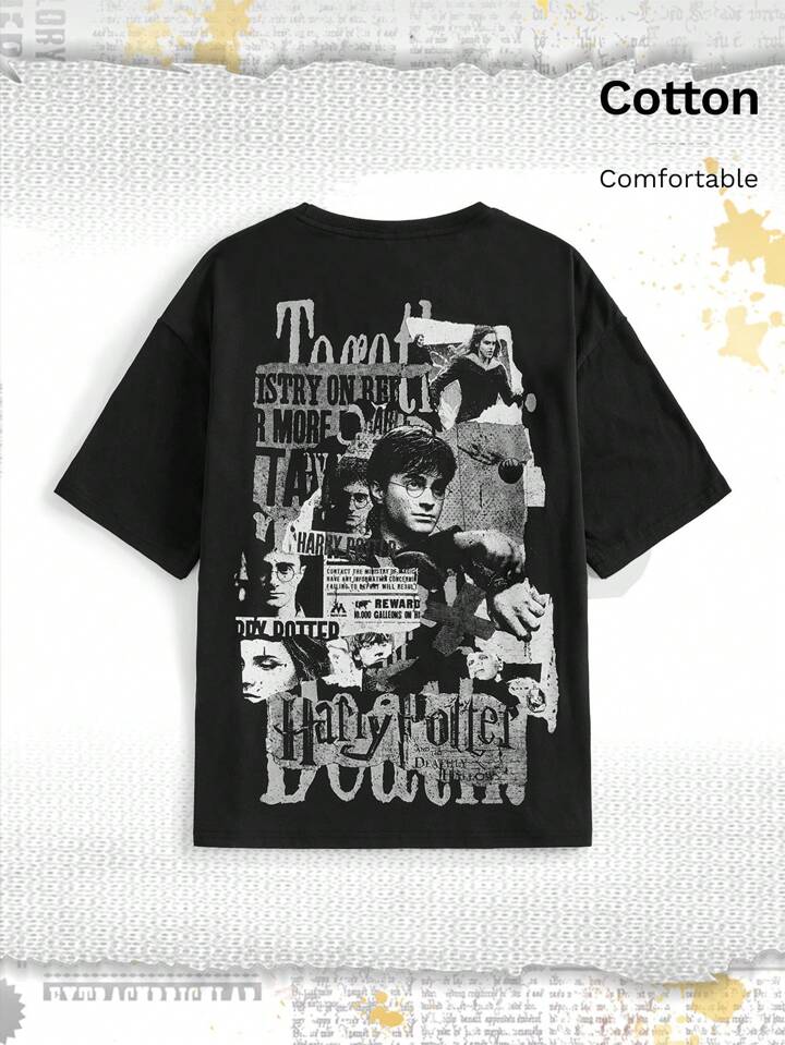Harry Potter | ROMWE Newspaper Print Loose Fit Cotton T-Shirt