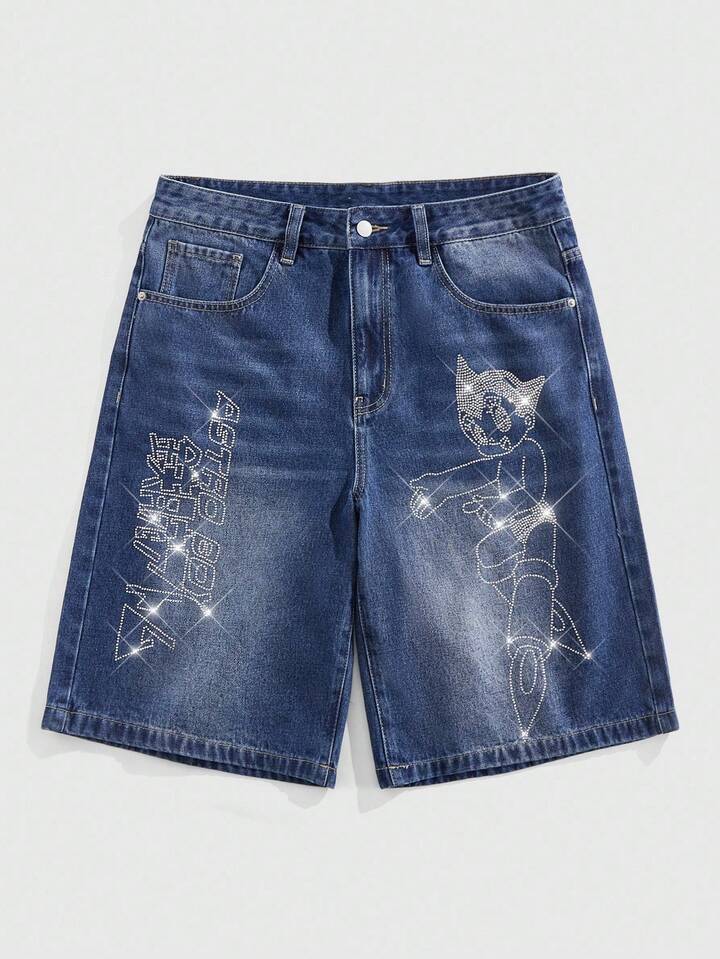 Astro Boy X ROMWE Men's Rhinestone Cartoon Figure Graphic Denim Bermuda Shorts