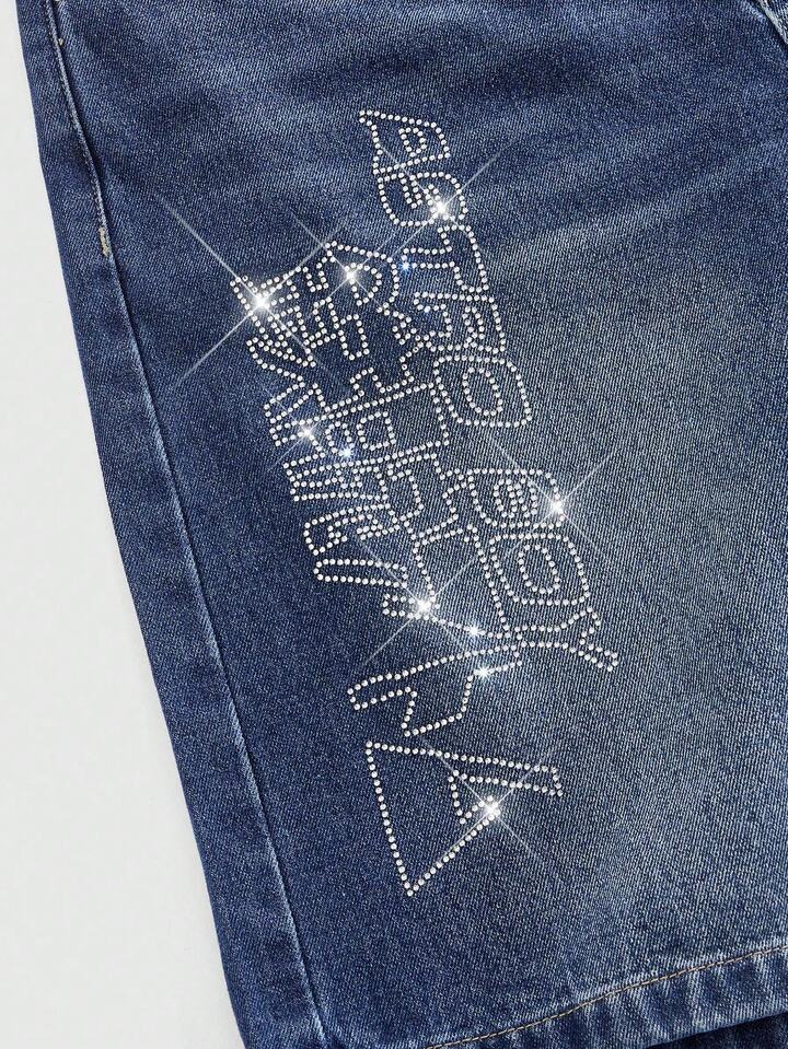 Astro Boy X ROMWE Men's Rhinestone Cartoon Figure Graphic Denim Bermuda Shorts