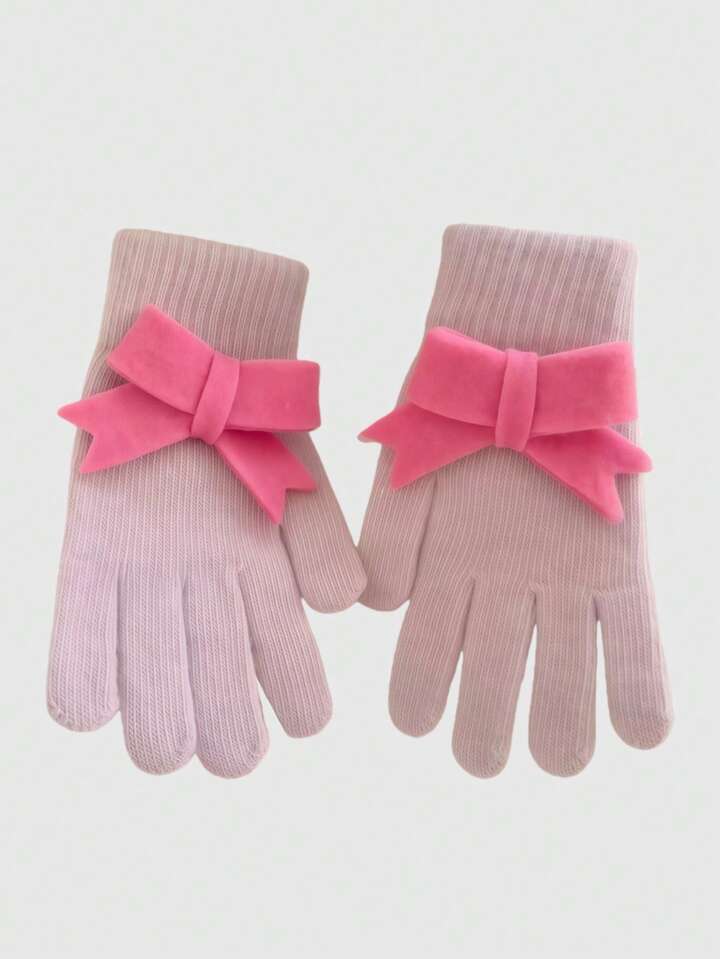 Kawaii 1 Pair Cute & Sweet 3D Bow Decor Elegant Fashion Simple French Romantic Warm Women Gloves, Suitable For School, Dates, Commuting, Shopping, Etc.