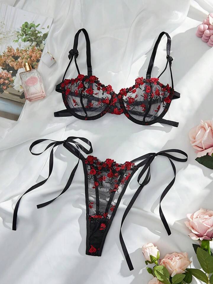 Kawaii Women's Sexy Embroidered Floral See-Through Bra With Side Tied Thong Lingerie Set, Rave, For Valentine's Day