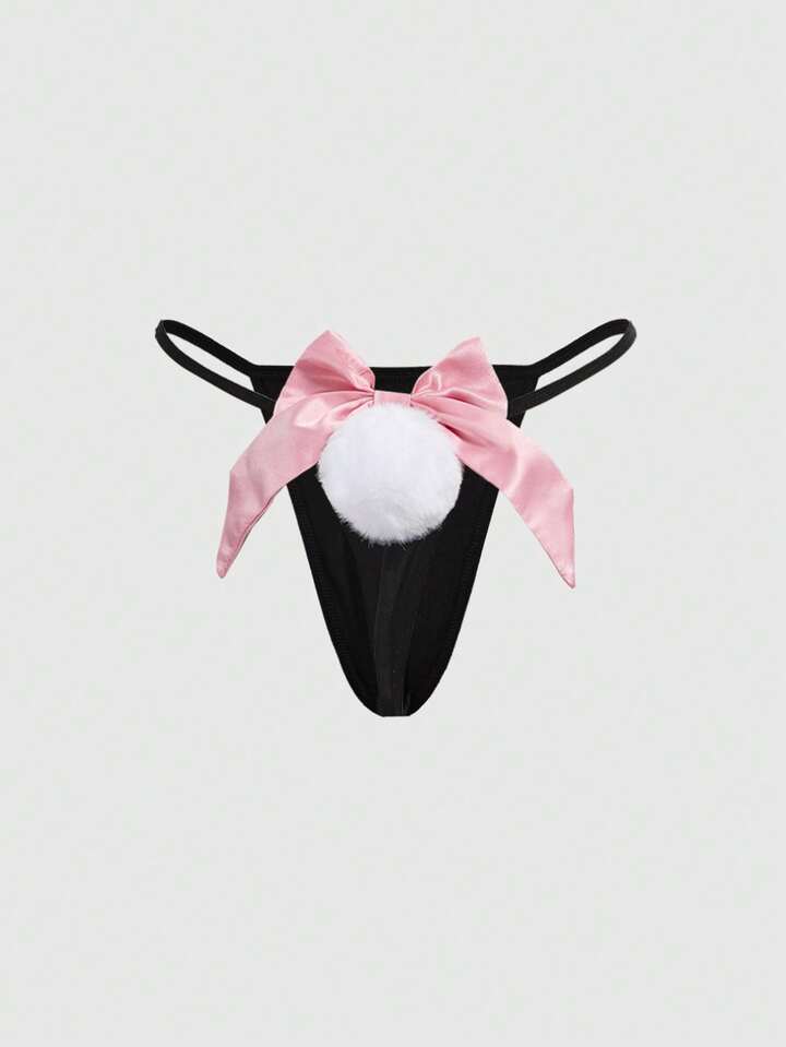 Kawaii Women's Cute Bowknot & Fluffy Ball Thong Panties, For Valentine's Day
