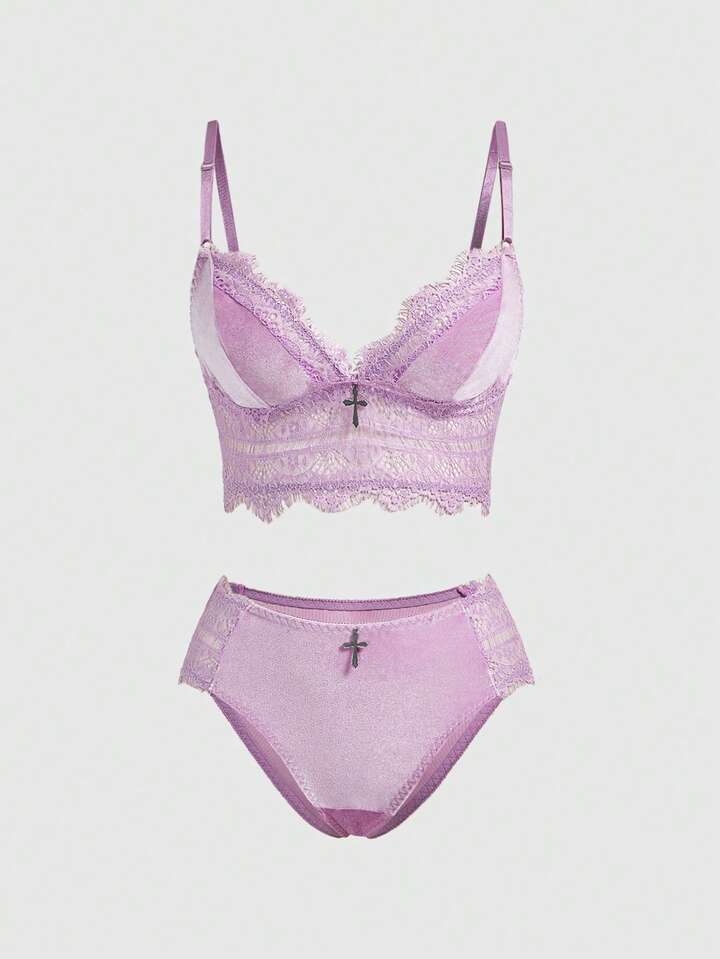 Gothic Style Velvet Lace Triangle Cup Thong Lingerie Set