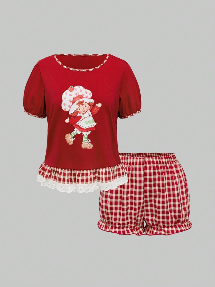 Cartoon Figure And Gingham Print Short Puff Sleeve Schiffy Ruffle Hem Women's Pajama Set
