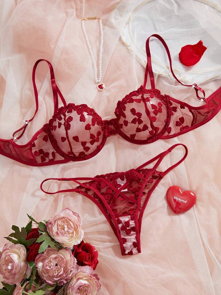 Kawaii Women's Heart Mesh Splice Sexy Lingerie Set, Rave, For Valentine's Day