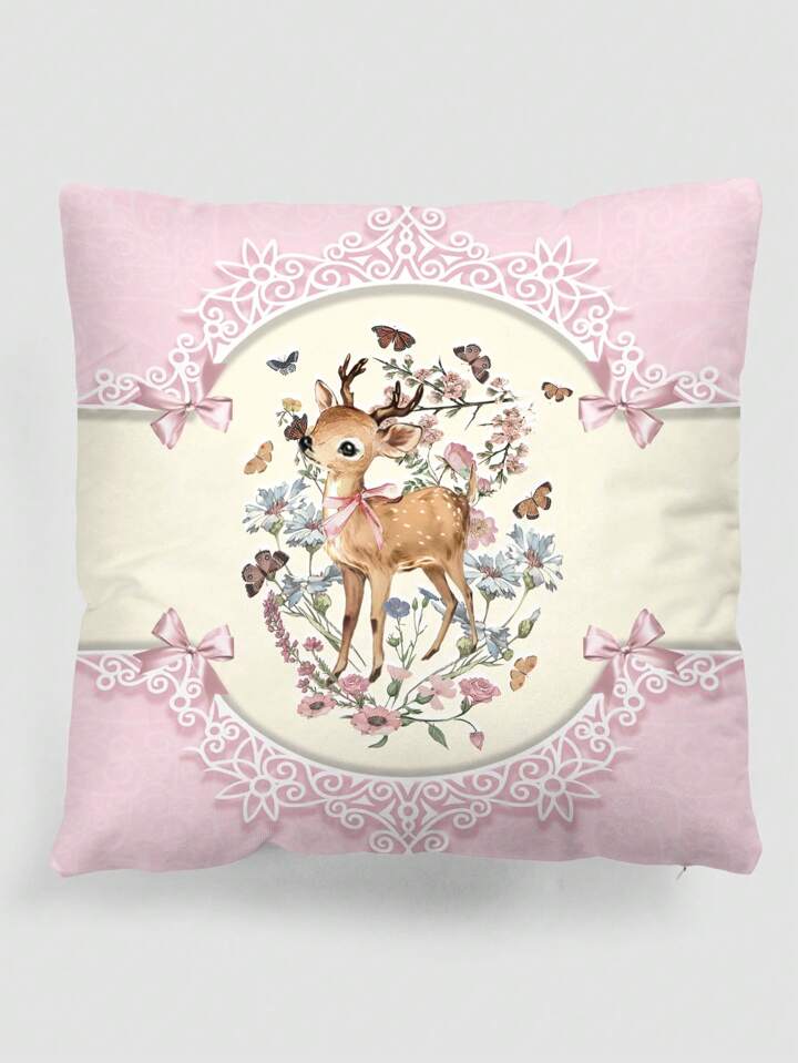 Fairycore 1pc Elegant & Sweet Bow Knot & Deer Pattern Pillow Cover, Printed Plush Square Pillow Sham, Suitable For Daily Living Room Bedroom Home Decor, Sofa Cushion Cover Car Pillow Cover, All Season