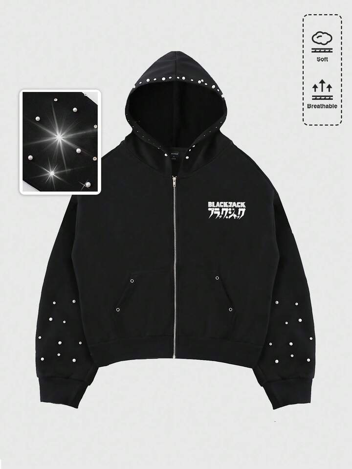 Black Jack X ROMWE Men's Cartoon Figure Graphic Faux Pearl Diamond Decor Zip Up Black Hooded Sweatshirt, Short Style , Fall