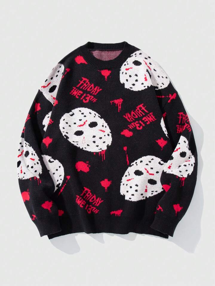 Friday the 13th X ROMWE Men's Casual Fashion Street Loose Fit Oversized Mask Pattern Sweater, Autumn/Winter