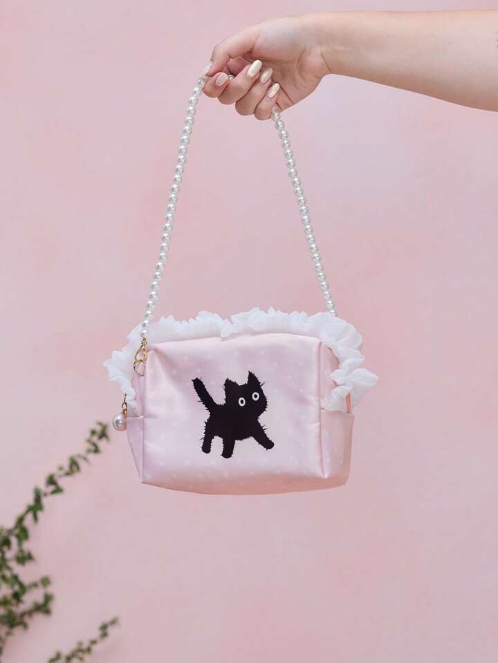 Kawaii Cute Girly White Lace Polka Dot Black Cat Beaded Zipper Cosmetic Bag, Large Capacity Portable Makeup Organizer