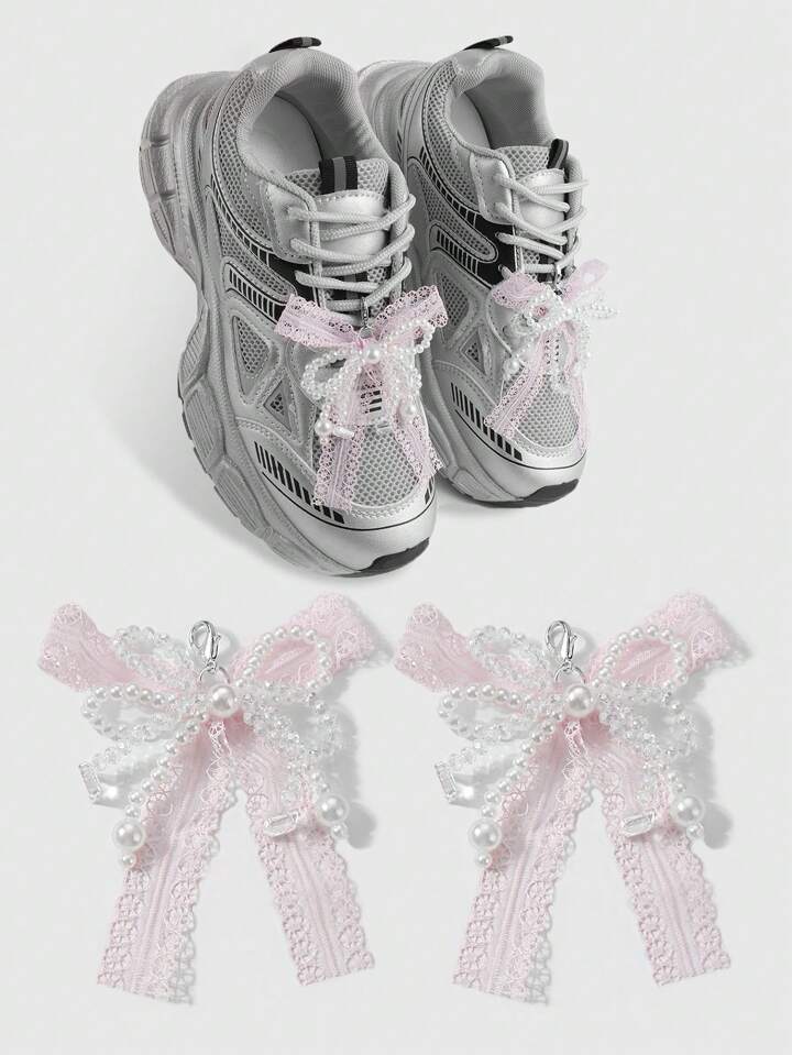 Kawaii 2pcs Ins Style Cute & Delicate Handmade Beaded White Faux Pearl, Faux Crystal, Pink Mesh Bow Lobster Clasp DIY Shoe & Boot Decorations Combo Set, Suitable For Women & Girls, Daily Wear Or Gift